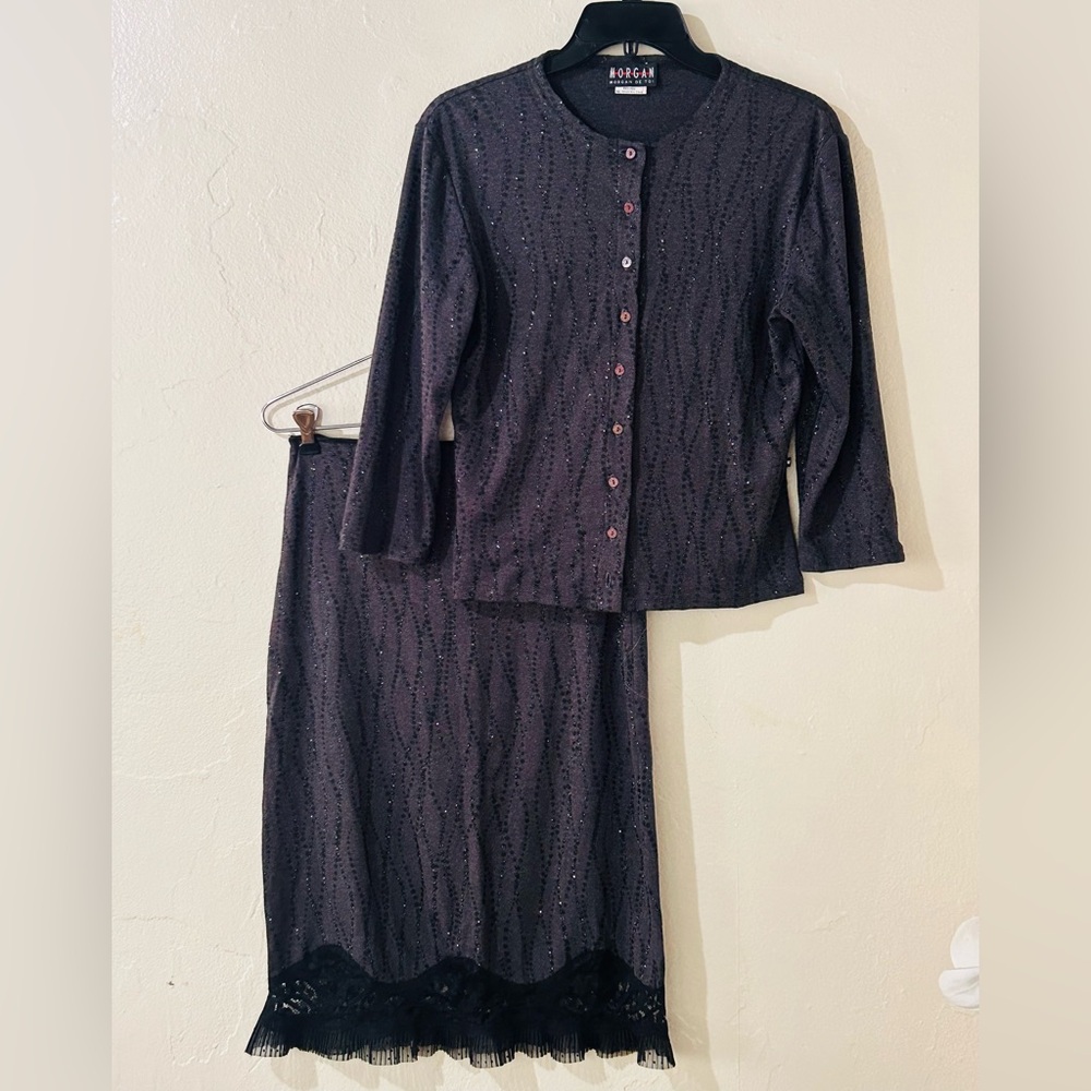 Vintage Y2K Morgan De Tois 2 Piece Jeweled Cardigan & Skirt Set Small